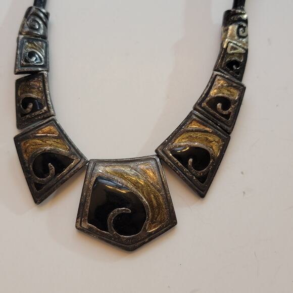 Chico’s Statement Necklace with Geometric Gold Silver Mixed Metal Chunky Collar - Picture 2 of 10